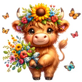 Fabric Panel 14"x14" Spring Highland Cow 100% Cotton Quilting Panel Square L894