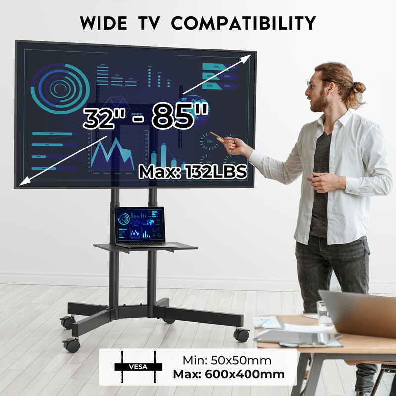 BONTEC Mobile TV Stand with Tilt Function, Rolling TV Cart