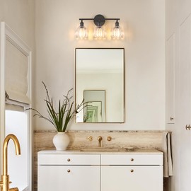 Shenmoyl Bathroom Light Fixtures, 3-Light Black Vanity Wall Light Over Mirror with Clear Tulip Glass Shade for Bedroom Living Room