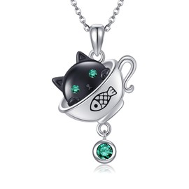 YAFEINI Cat Necklace for Women Sterling Silver Cats Cup Pendant Fish Black Cat Jewellery Gifts for Women