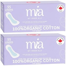 Mia Organic Cotton Top Sheet Liners for Women Pack 2 (55 Count 150mm/Pack) Ultra Thin Everyday Light Absorbency Flexible Hypoallergenic Unscented Chlorine Free Travel Friendly Liners
