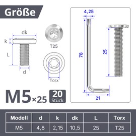 Dayalo Pack of 20 Torx Screws M5 x 25 mm, Flat Head Screws, Stainless Steel A2 V2A, M5 Screws, Machine Screws, Metal Screws with Torx Key