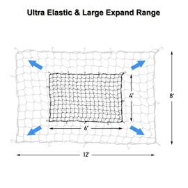 Amiss 4' x 6' Stretches to 8' x 12' Truck Cargo Net, Roof Rack Cargo Net for Pickup Trucks SUV, Heavy Duty Truck Bed Cargo Bungee Net with 12 Black Clips and Storage Bag, Car Exterior Accessories