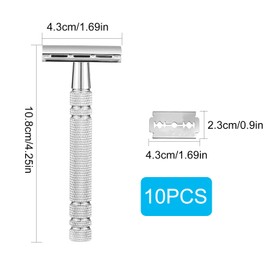 YPYMOD Safety Razor for Men, Hand Razor, 2-Sided Blade Head, Safety Razor, Made of Stainless Steel, 10 Razor Blades (Silver)
