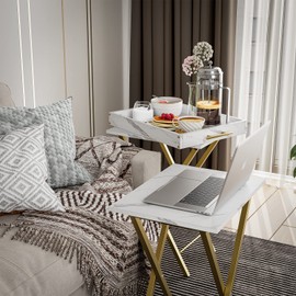 HMFOR Folding TV Tray Tables, Set of 2 Side Table for Small Place, Snack Eating Tables at Couch, Folding Tables with Removable Serving Tray, Portable End Table Easy Assembly