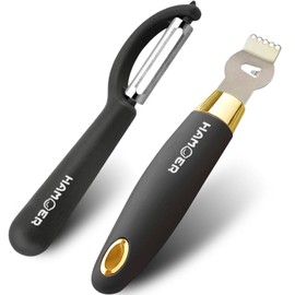 HAMOER Vegetable Citrus Lemon fruit Potato Peeler Zester Channel Knife Tool Set for Kitchen Bar, Stainless Steel Blade, Ergonomic Design Curved Handle, Black-Gold