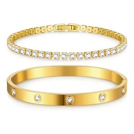 TOFBS Women's Bracelet 2 Pieces Elegant Luxury Set Timeless Fashion Bracelets Adjustable Fit Ideal for Everyday Use or Special Occasions Gift, Stainless Steel, Stainless Steel