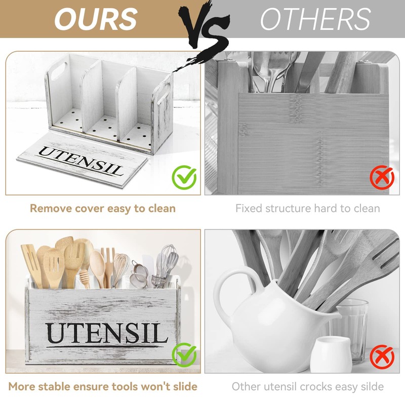 brekle brekle White Kitchen Utensil Holder Rustic Large Wooden Utensil