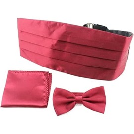 MUGIVALA Brand Formal Cummerbund Bow Tie Pocket Square Handkerchief Set for Men Solid Color Adjustable Tuxedo Wedding Party (Burgandy)