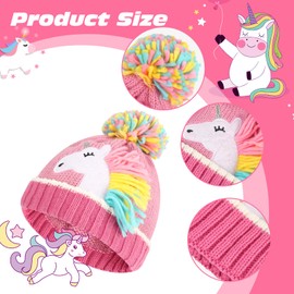 QKURT Kid’s Stretchy Beanie Hat Mittens Set, Toddler Winter knitted Cap with Pom Pom Thermal Gloves Set 2 in 1 Unicorn Cold Weather Accessories for Girls