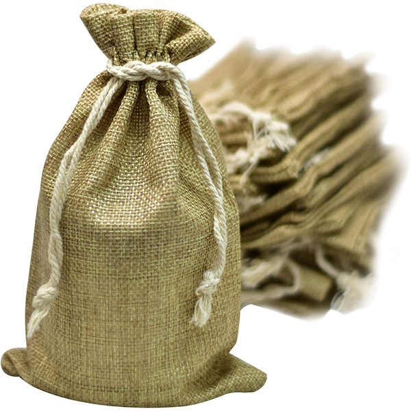 50 Burlap Bags with Drawstring, 5x8 Inch (5x7 Internal) Gift Bag Bulk Pack - Wedding Party Favors, Jewelry and Treat Pouches (Brown)