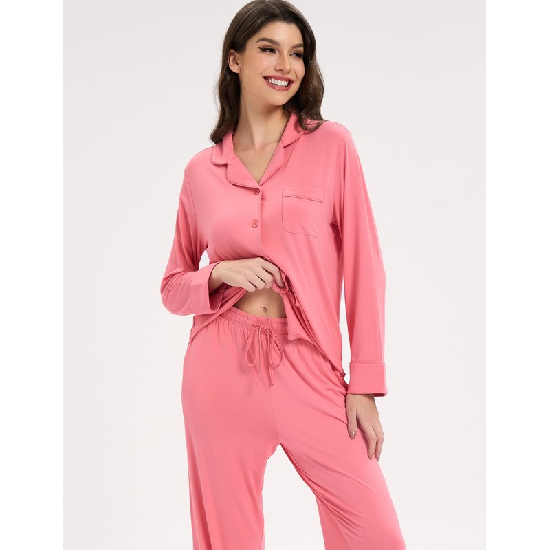 EASWEET Womens Bamboo Viscose Pajama Sets Notch Collar Button Down