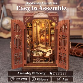 Fsolis Book Nook Kit - DIY Dollhouse Wooden House, Book Corner Miniature Kit for Adults Teens, DIY Miniature House, Model Kit Bookshelf Insert with Sensor LED Light (Bookshop Memories)