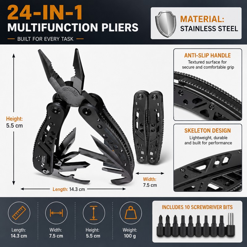24-in-1 Stainless Steel Multitool for Repairs – Compact Pliers, Wire