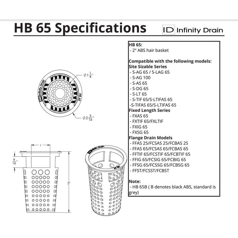 Infinity Drain: HB 65-2" Hair Basket for 65 series