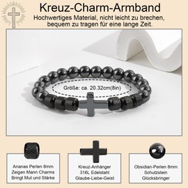 FANCIBAND Men's / Boys' Pearl Bracelet Cross 8 mm Black Obsidian Beads Bracelets Gift for Son Grandson Dad Grandfather Friend Husband Brother Churches Prayers Communion, Stainless Steel, Agate