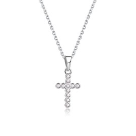 Precious Pieces Girl's or Women's Sterling Silver CZ Cross Necklace for First Holy Communion Gift