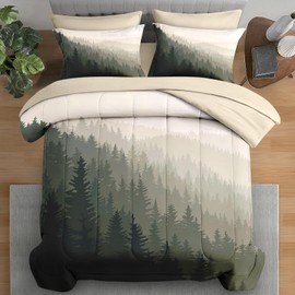 Pamnest Comforter Set Queen Size, Moutain Pine Tree 7 Pcs Bedding for Kids and Adults, Natural Forest Landscape Bed Sheet Sets with Fitted Sheet 2 Pillowcases & 2 Shams