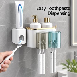 Wall Mounted Toothbrush Holder with Toothpaste Squeezer – Multifunctional Bathroom Organizer with Mug Holder for Shower Room Storage