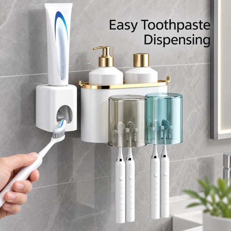 Wall Mounted Toothbrush Holder with Toothpaste Squeezer – Multifunctional Bathroom
