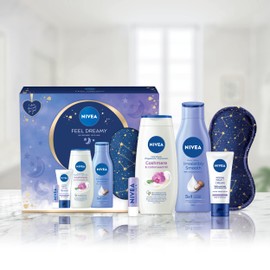 NIVEA Feel Dreamy Skincare Regime Gift Set, Women's Gift Set Includes Shower Cream, Body Lotion, Night Cream, Lip Balm, and Eye Mask, Beauty Products