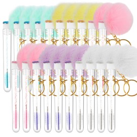 Mekupeu 20pcs Disposable Lash Cleaning Spoolie Brushes Tube Mascara Wands Faux Fur Ball Keyring Makeup Tool Applicator Set, Mixed 5 Color