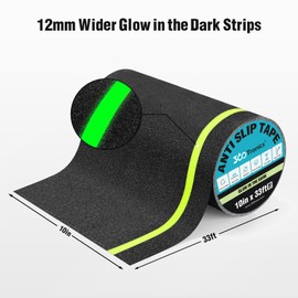360Tronics Wide Anti Slip Grip Tape Black with Glow in The Dark Stripes 10in x 33ft, Waterproof Friction Resistant Non Skid Tread Safety Tape Roll High Traction for Outdoor Indoor Stairs, Steps, Ramps