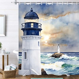 Hjokiupt Coastal Lighthouse Shower Curtain, Ocean Nautical Sunrise Beach Seascape Bath Curtain, Sailboat Waterproof Bathroom Bathtub Decor Accessories with Hooks 72X72 in