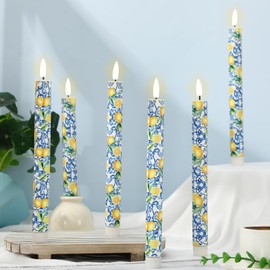 FYSUIMU 6 Pcs Lemon Flameless LED Candles Blue Tiles Yellow Lemon Battery Operated Candles Chinoiserie Electric Candle Boxed for Summer Fruit Party Home Table Centerpiece Decor