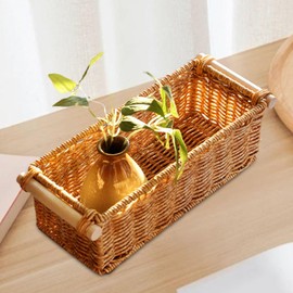 Leefasy Imitation Rattan Baskets for Organizing Organizer Long Narrow Woven Baskets Rectangular for Bar Bathroom Bedroom Coffee Table, M