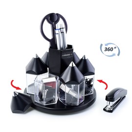 Exerz Black Desk Organiser, Rotating Pen Tidy with 5 Accessory Boxes, Stationery Kit Including: Scissors, Ruler, Eraser, Clips