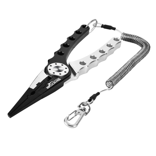 Booms Fishing X01 Aluminum Fishing Pliers Saltwater, Surf Fishing Tackle Kit, Fishing Multitool Hook Remover, Braided Fishing Line Cutter, Split Ring Pliers, with Coiled Lanyard and Sheath, Black