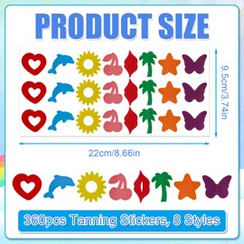 360pcs Tanning Sunbathing Stickers, 15 Sheets Self-Adhesive Indoor Tanning Stickers 8 Styles Heart, Dolphin, Cherry Shaped Colorful Tanning Bed Stickers for Body Summer Beach Outdoor
