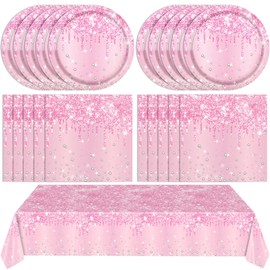 41PCS Pink Birthday Party Decoration Pink Plates and Napkins Party Supplies Party Pink Plastic Table Cloths Disposable Party Dinnerware Sets for Women Girl Birthday Pink Party Supplies