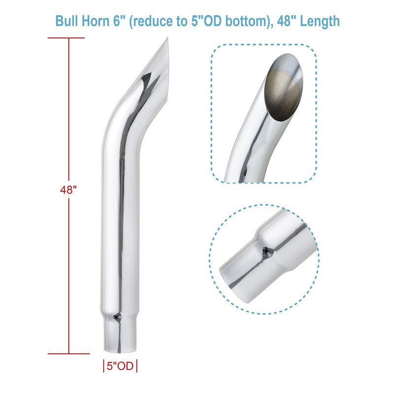 6" Bull Horn Chrome Exhaust Stack,5"OD Reduced Bottom,48" Length