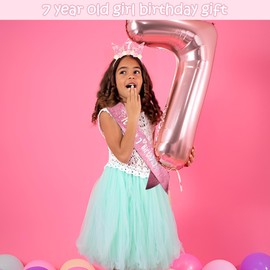 Exacoo 7 Year Old Girl Birthday Gifts Birthday Girl Sash and Crown Headband Princess Outfit Sweet Sassy and 7th Birthday Decorations for Girls Pink Glitter Photo Prop Party Favors