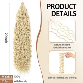 HUA #613 Blonde Curly Human Braiding Hair for Boho Braids Mix Synthetic Deep Wave Bulk Hair for Braiding Knotless 100g 20 Inch Boho Crochet Braids for Date/Travel/Graduation/Birthday/Wedding/Parties
