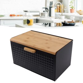 Fdit Wooden Bread Box Baking Overweight Storage Box Lid Bin Vintage Large Capacity Wood Iron Bread Loaf Trash Garbage Bread Holder Box (Black)