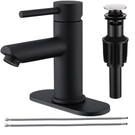 KPWATER Bathroom Faucets with Pop Up Drain, Stainless Steel Single Handle Bathroom Sink Faucets with Water Faucet Supply Lines for Farmhouse RV Vanity(Matte Black)