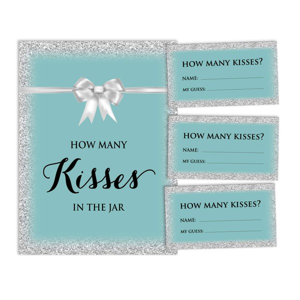 Inkdotpot Aquamarine Glitter How Many Kisses in The Jar Bridal Shower Game 1 Sign + 30 Cards