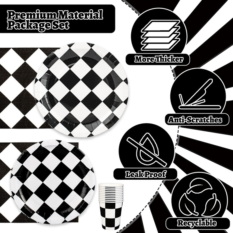 196Pcs Black White Checkered Race Car Party Supplies for 24