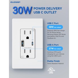 ELEGRP USB Outlet Receptacle, 30W Fast Charge & Power Delivery USB C Wall Outlet, 15 Amp Wall Outlet with USB Ports, Tamper Resistant, UL Listed, Wall Plate Included, 2 Pack, Matte White