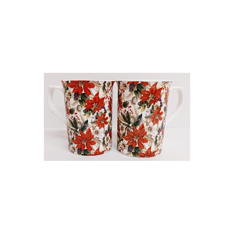Rainbow Decors Poinsettia Mugs Set of 2 Fine Bone China