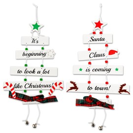 Thyonta 2 Pcs Wooden Christmas Ornaments Holiday Decor Christmas Tree and Letter Shaped Hanging Decorations Eco-Friendly Material for Window Displays and Scene Settings