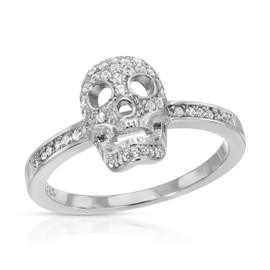 Sterling Silver 925 Skull Head Ring, Unisex Bikers Ring with CZ Stones, Minimal Jewelry, Sparkly Gothic Ring for Girls and Women (10)