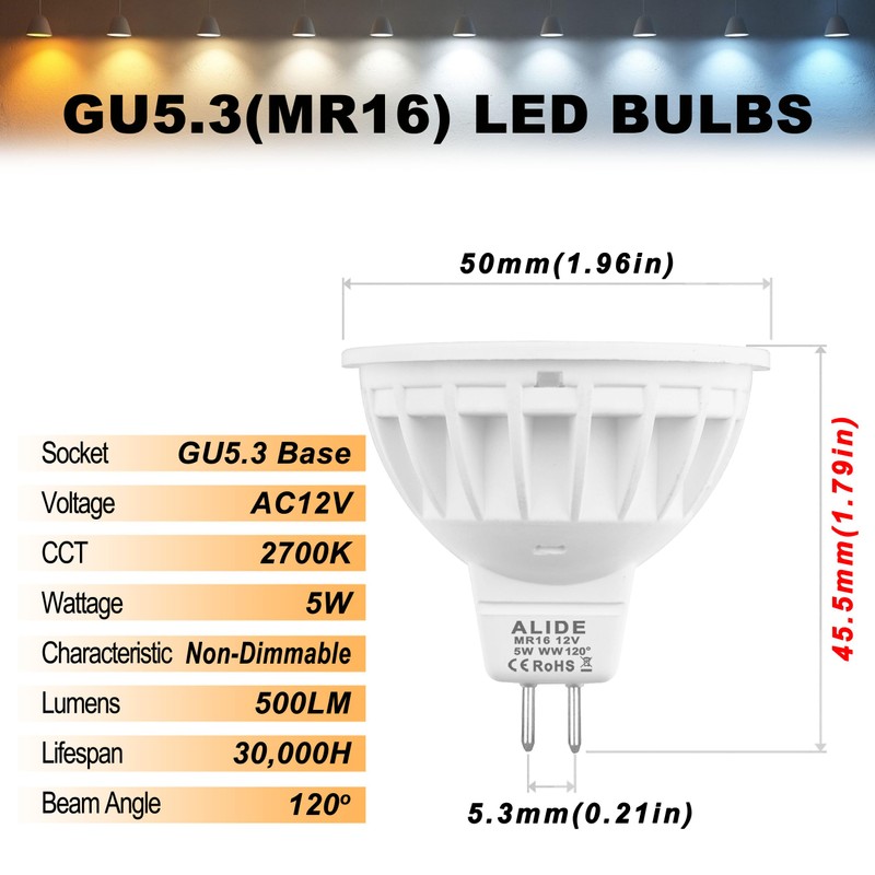 ALIDE 10 Pack MR16 Landscape LED Bulbs 50W Halogen Equivalent,2700K