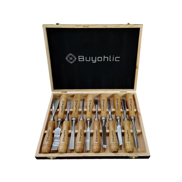 Buyohlic 12-Pieces Woodworking Wood Chisel Carving Tool Set with Wooden