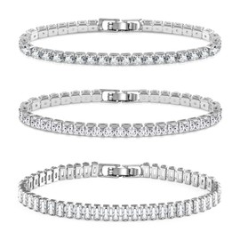 LANCHARMED Silver Tennis Bracelets for Women Set 3 PCS 4MM 5MM Mixed Cubic Zirconia Classic Tennis Chain Bracelet for Men Fashion Jewelry (6.9")