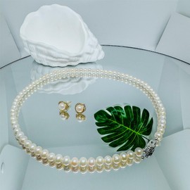 Weixinghera Women's Pearl Necklace Set AAAA Ivory Cultured Pearls | Pagoda Chain 17 inch - 19 inch Necklace and Pearl Earrings - 925 Sterling Silver Clasp（19inch