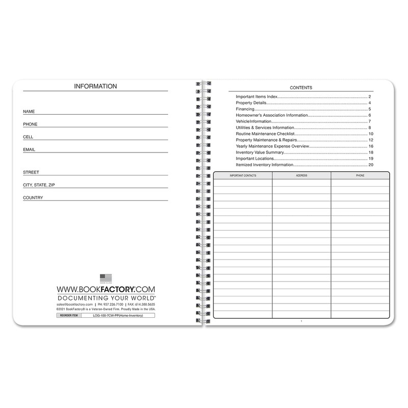 BookFactory Home Inventory Record Book/Home Inventory Log Book/Notebook - Wire-O,